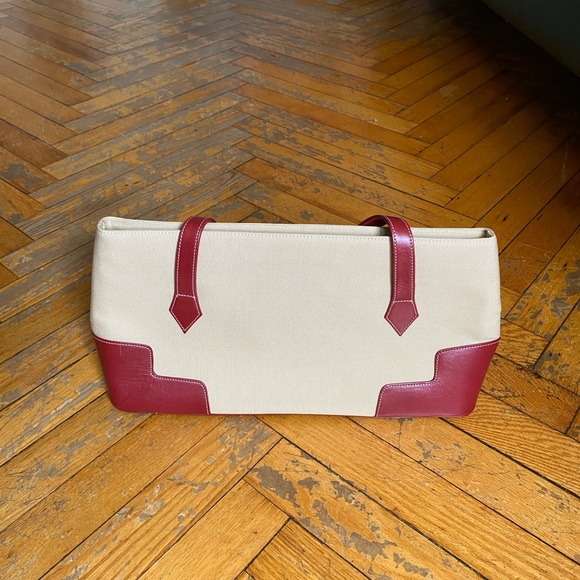 BCBG Max Azria Tan Canvas Red Leather Vintage Shoulder Bag - Picture 2 of 13